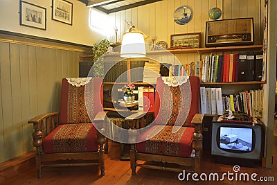 Elements of interior design of the iving room of the Houseboat Museum in Amsterdam. Editorial Stock Photo